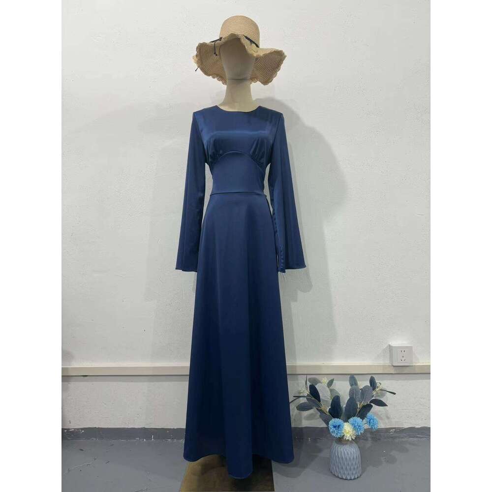 European and American Spring New Style Waist-Cinching Slimming Tie Solid Color Sleeve Long Elegant Women's Dress