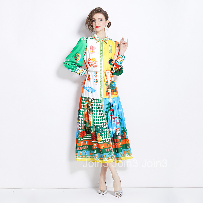 1209 Spring and Autumn New Cotton Linen Turn-Down Collar Lantern Sleeve Printed Long Dress