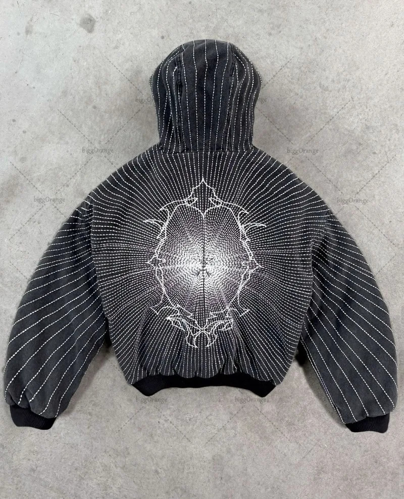 High Street Trendy Jacket Gothic Punk Harajuku Embroidered Zipper Hoodie Men Hip Hop Retro Casual Oversized Sweatshirt 250714