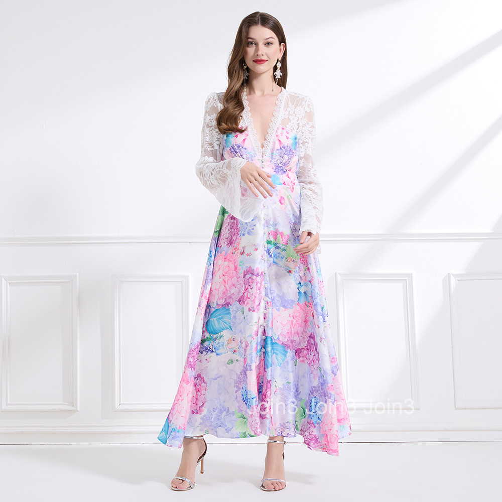 2182 Spring New Womens Fashion Elegant Vacation Style Lace Trim Patchwork Printed Waist-Cinching Long Dress