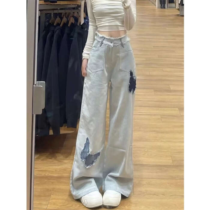 Light Blue Frayed Butterfly Straight Jeans for Women, Autumn New Embroidered Design, High Waist, Loose Fit, Slimming Wide Leg Pants