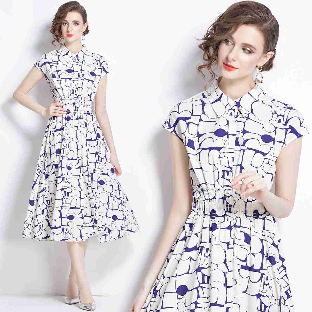 1655 Summer New Womens Fashion Elegant Turn-Down Collar Short Sleeve Ink Print Mid-Length Flared Dress