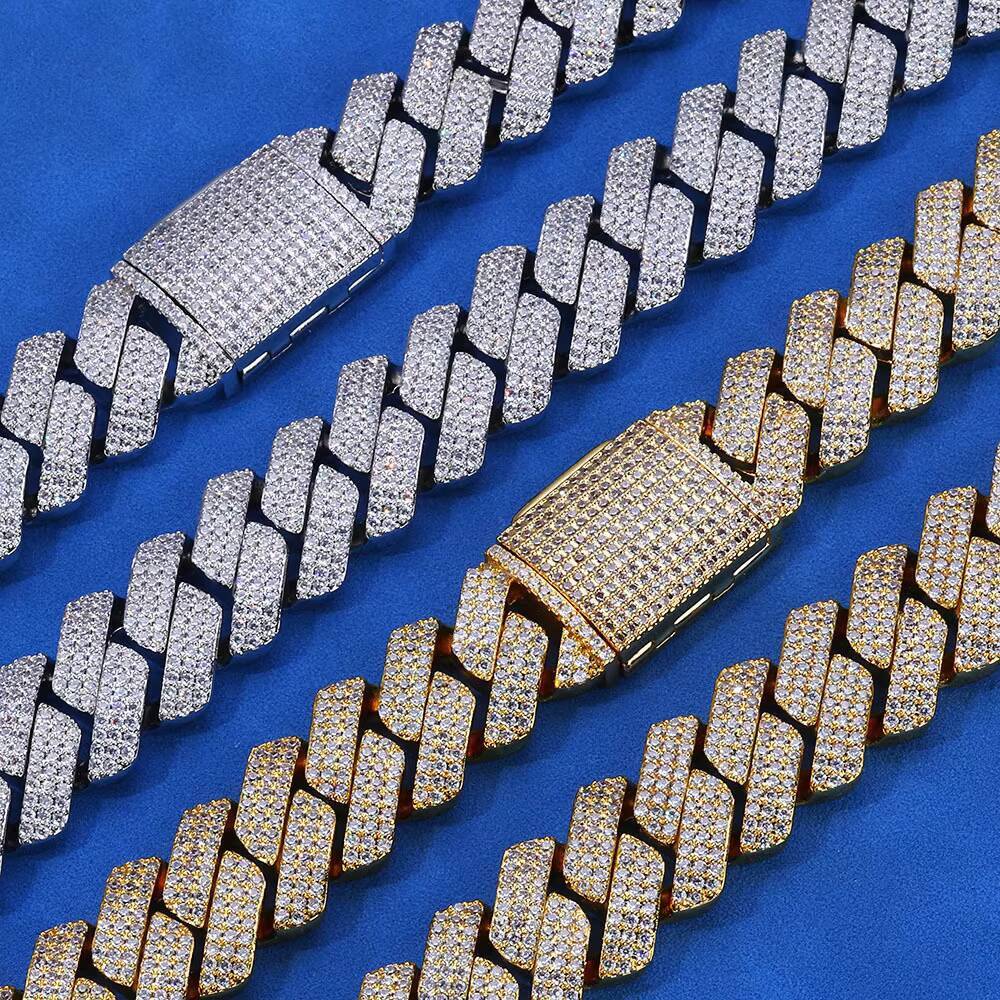 S925 Sterling Silver High Quality 20MM Diamond Cuban Link Chain Three Row VVS Moissanite Hip Hop Cuban Link Chain Necklace
