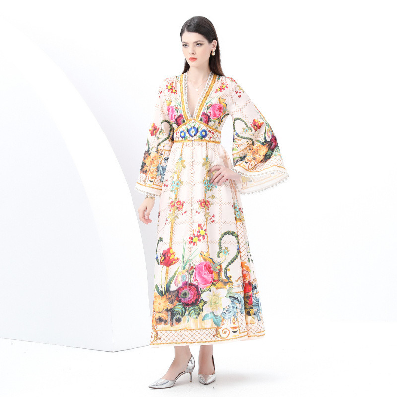 6085 Early Spring New Womens Deep V-Neck Flared Sleeve Large Hem Painted Print Long Dress