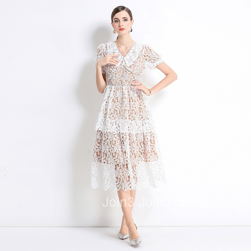 712 Short Sleeve Slimming Hollow Out Water-Soluble Lace Trim Mid-Length Dress