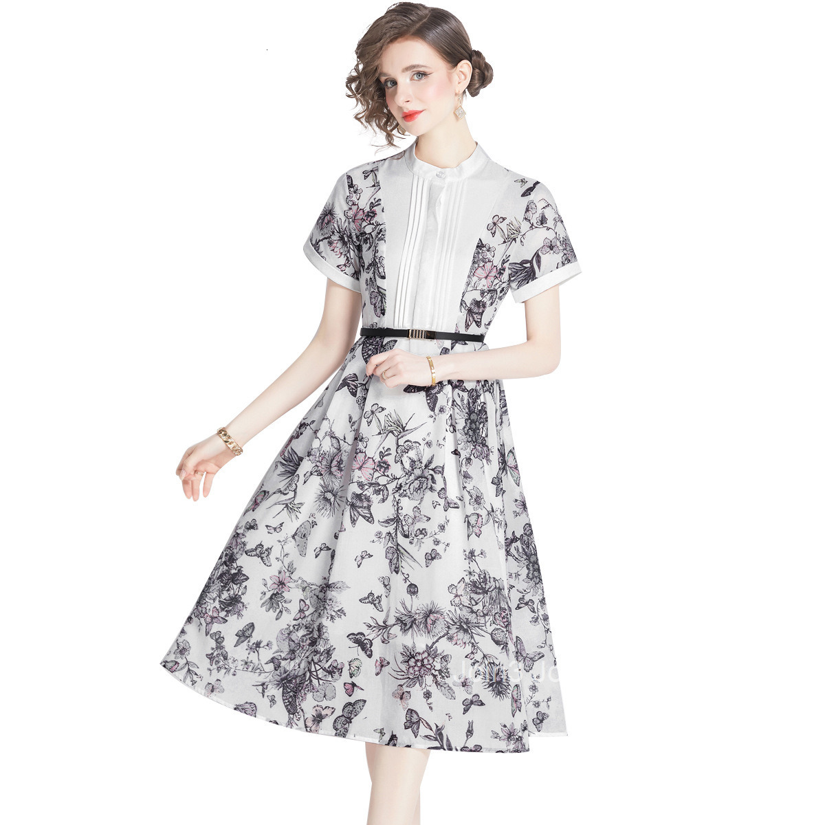 5814 Summer New Womens Clothing Stand Collar Printed Patchwork Ink Wash Dyed Large Hem Mid-Length Dress