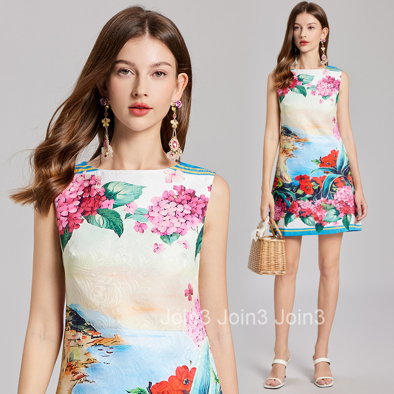 726 Spring Summer New Womens Fashion Elegant Embroidered Ball Print Jacquard Vest Dress Loose A-line Skirt