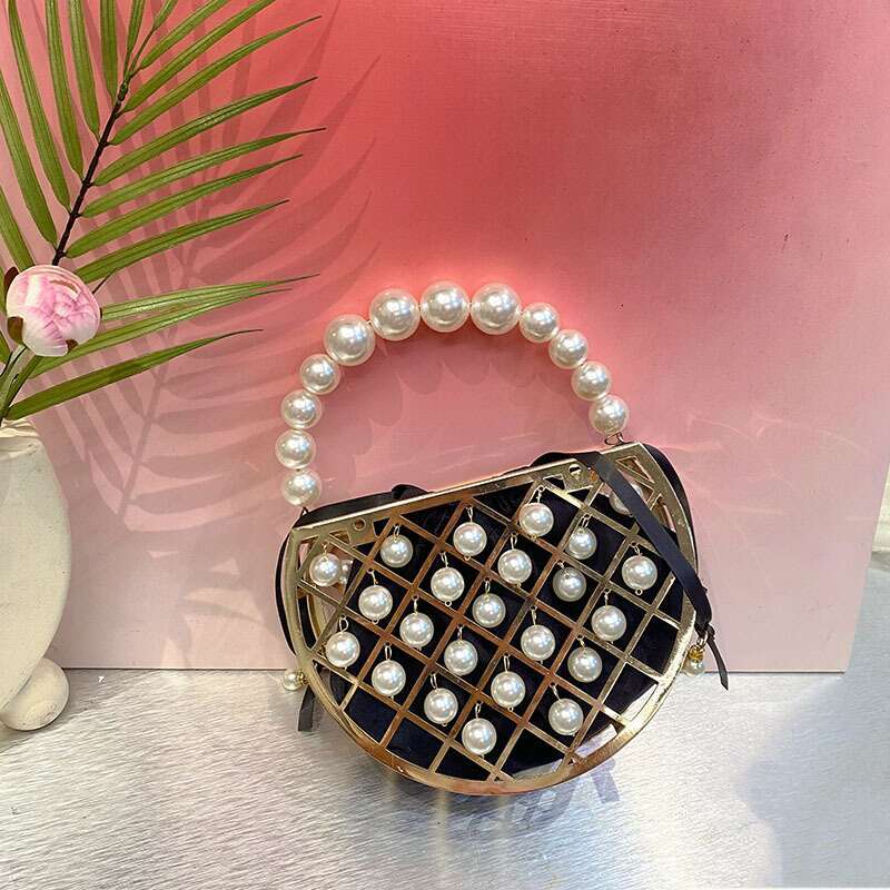 Pearl Beaded Gold Metal Moon Fashion Hollow Out Women Handbag Wedding Party Banquet Clutch Purse Crossbody Bag
