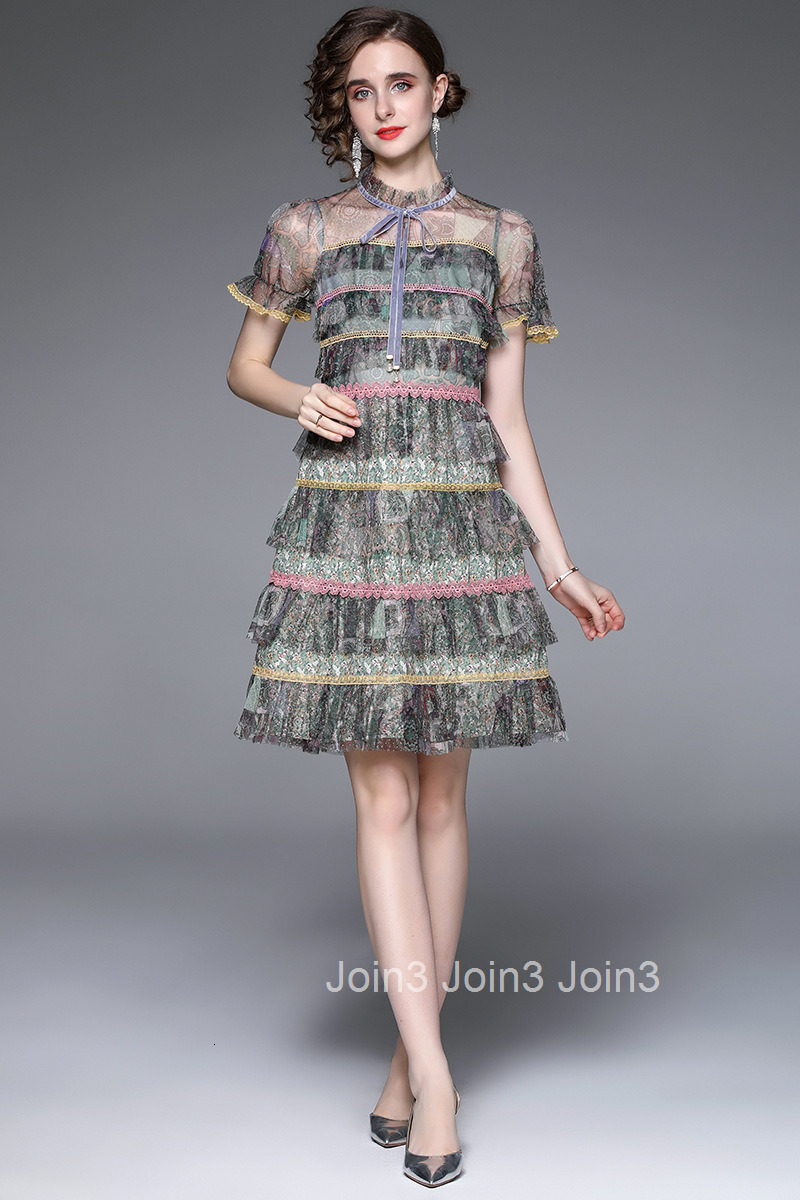 6928 Summer New Printed Mesh Ruffle Lace Edge Tie High Waist Cake Dress
