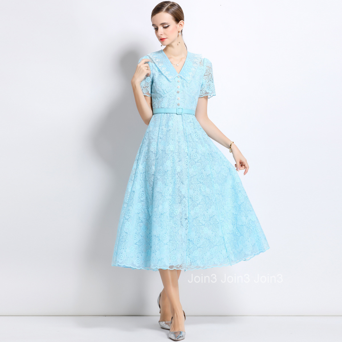 1501 Summer New Elegant Water-Soluble Lace Dress Short Sleeve Doll Collar Tie Waist Long Dress