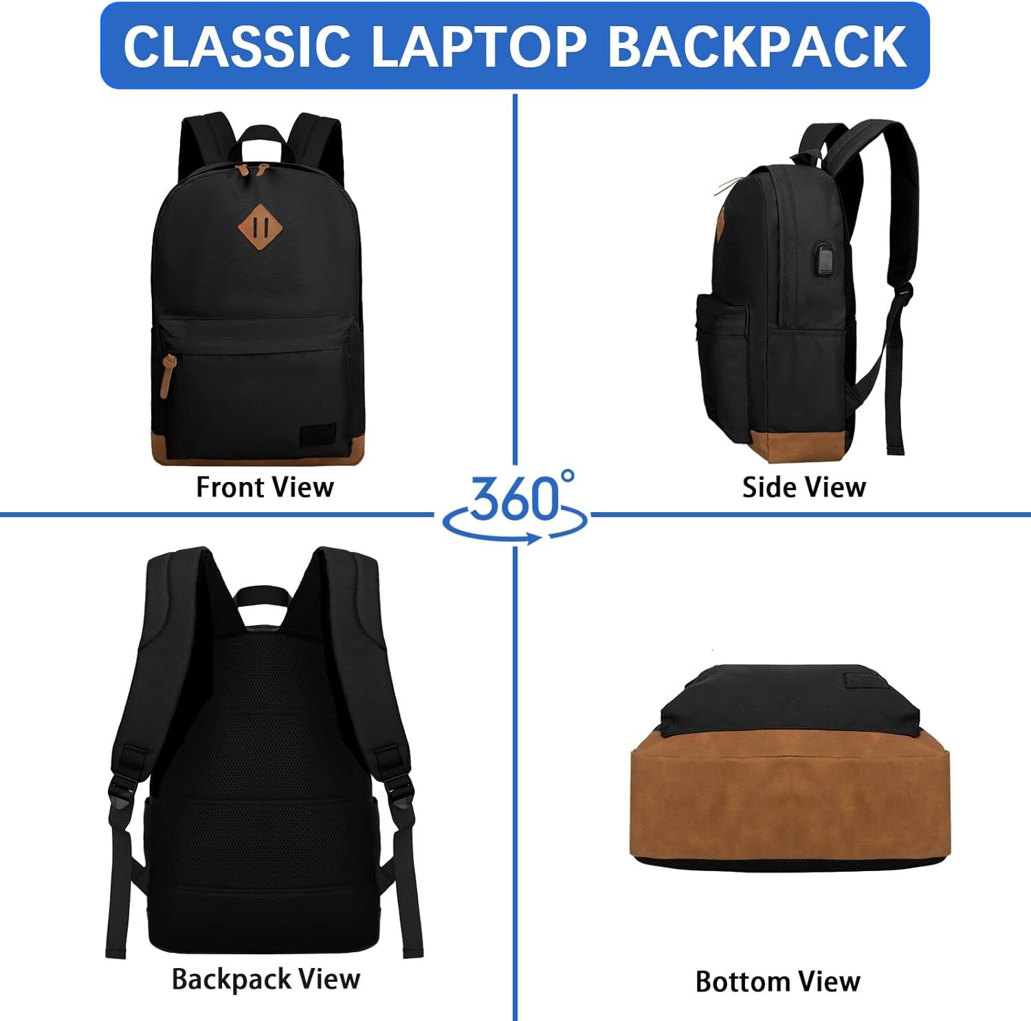 YMX 741 611 Goloni Classic with USB Charging Port,Water Resistant Anti-Theft Travel Backpack for Men & Women,Laptop Backpack,Fits 17.3 Inch Laptop,Bla