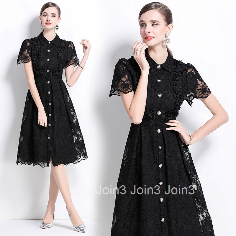6953 Summer Dress French Elegant Heavy Lace Embroidery Turn-Down Collar Single-Breasted Waist-Cinching Slimming Formal Dress