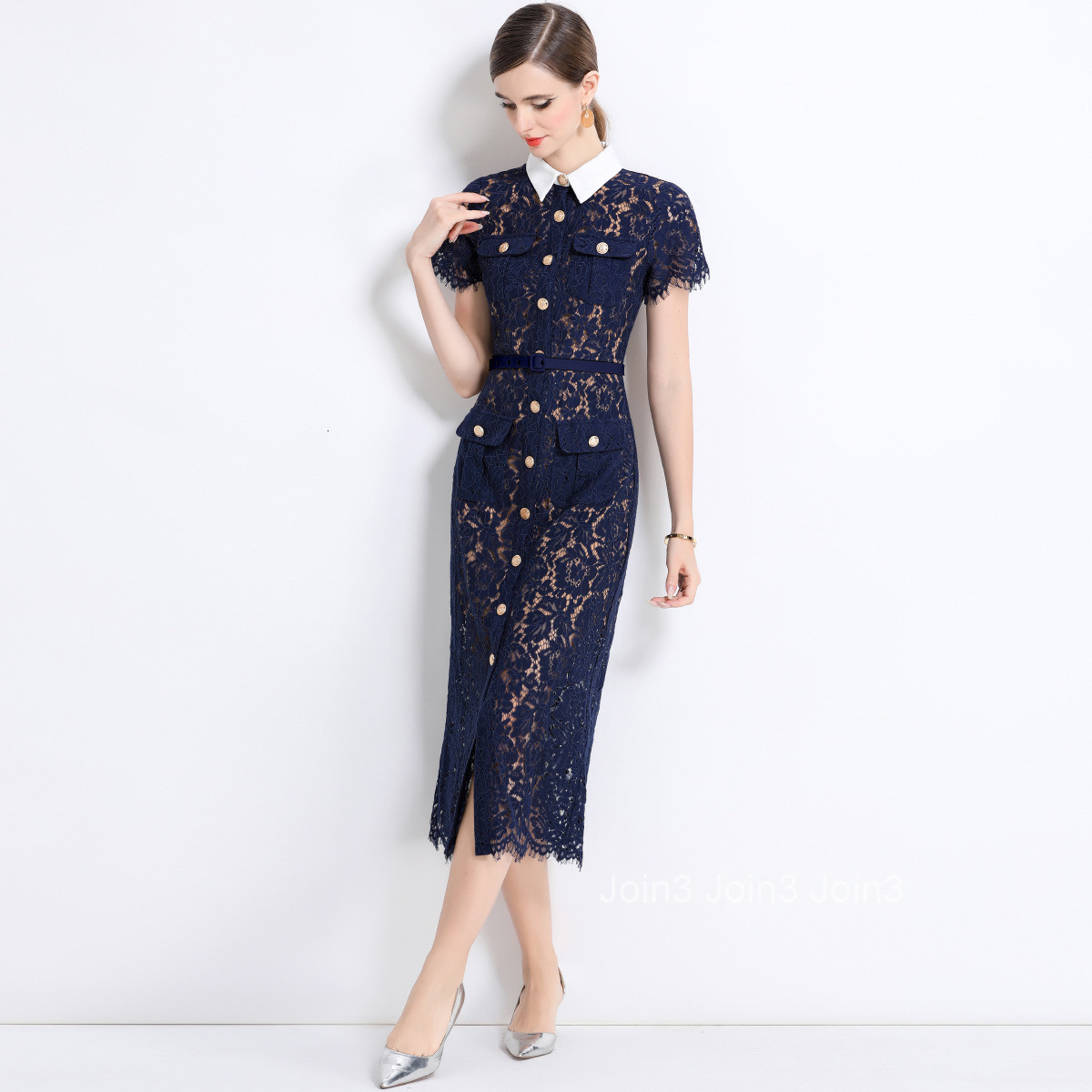 5873 Elegant Temperament White Shirt Collar Hollow Out Slim Waist Bodycon Lace Slimming Dress with Inner Camisole