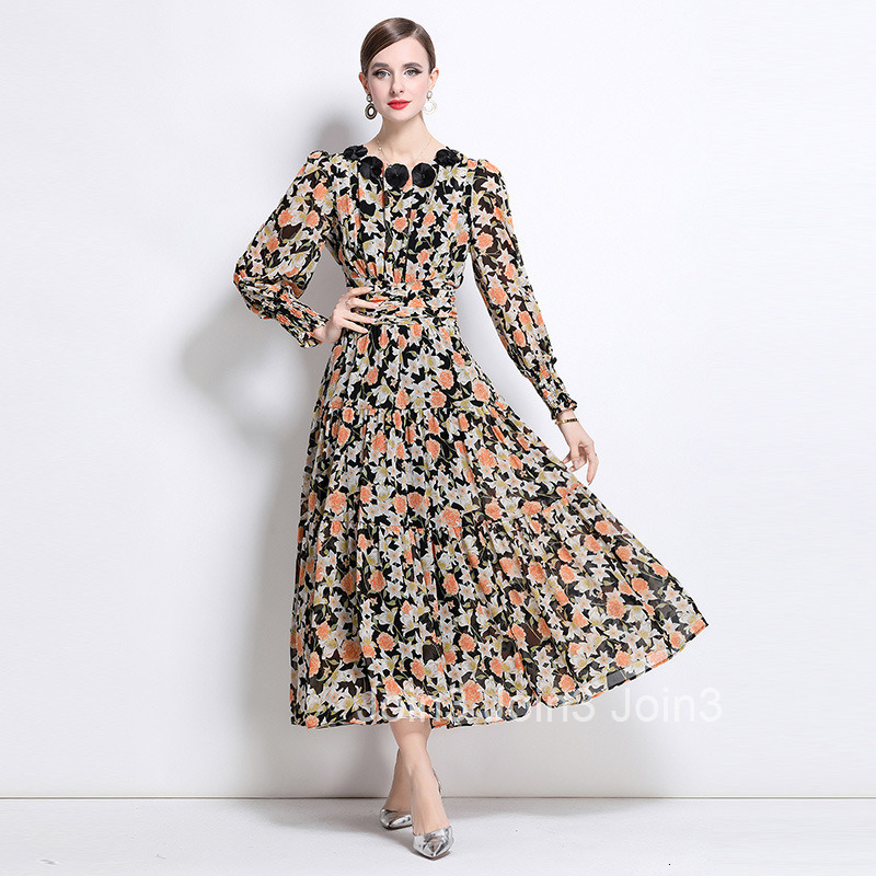 8800 New Fashionable Floral Dress Long Sleeve Flared Mid-Length Dress