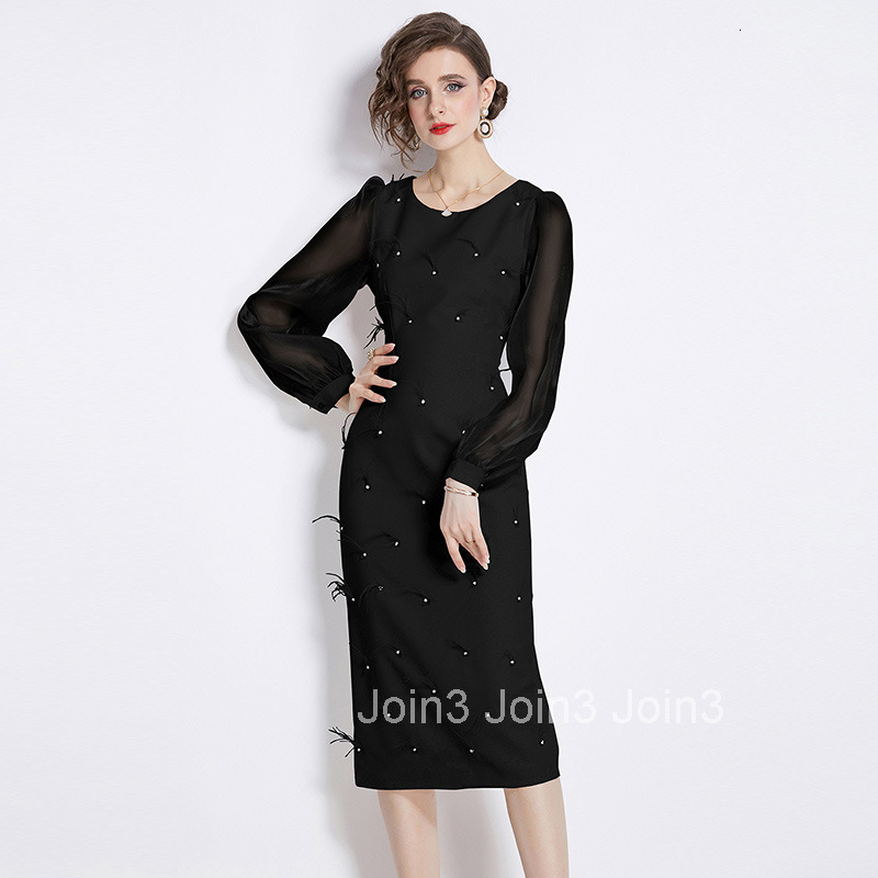 8722 Spring and Autumn New Womens Fashion Elegant Round Neck Lantern Sleeve Rhinestone Embellished Furry Mid-Length Dress