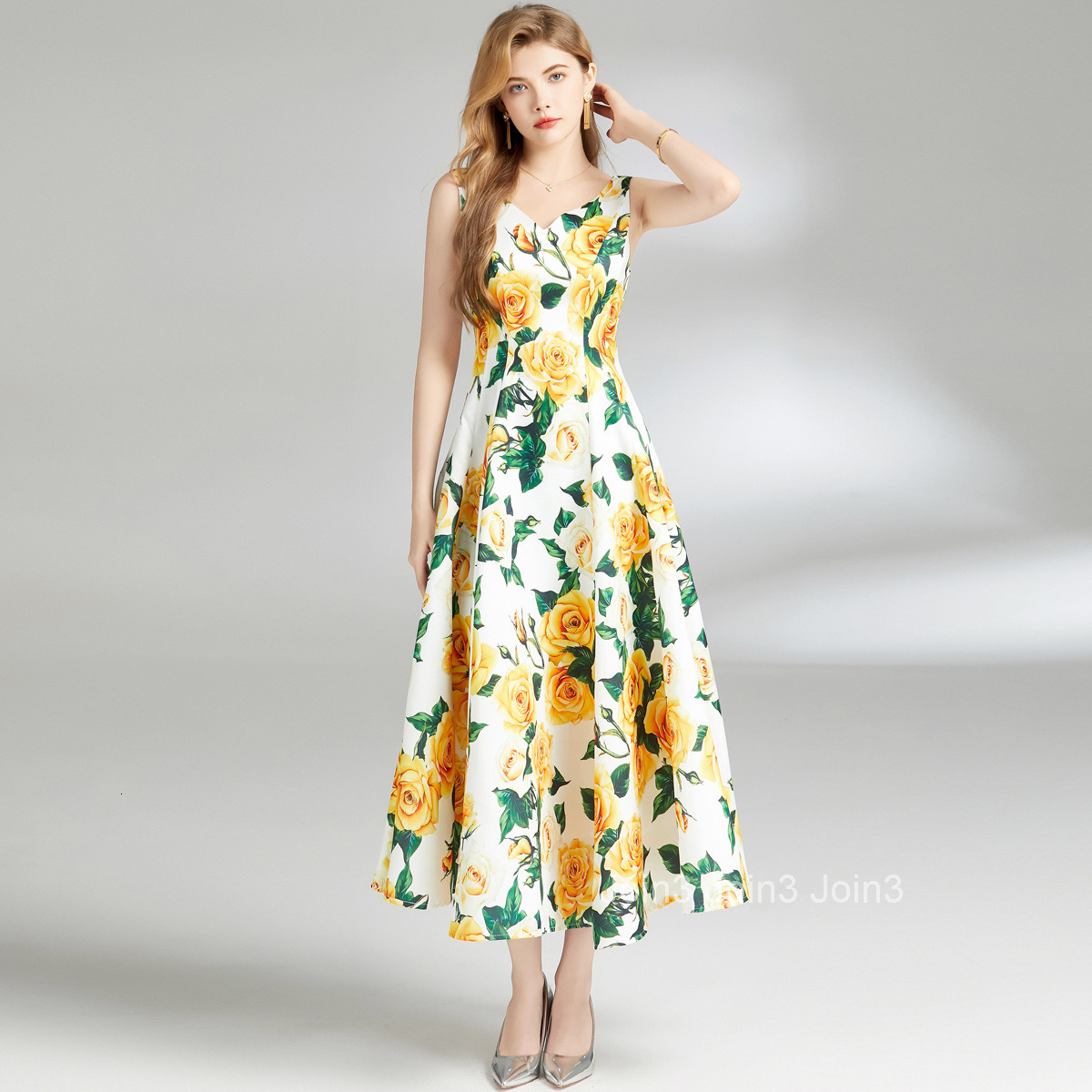 6832 Summer New Womens Fashion Elegant Printed V-neck Waist-cinching Slimming Sleeveless A-line Dress Flared Long Dress