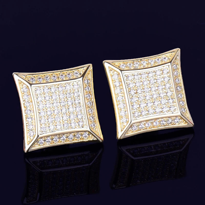 Hip Hop 5CZ Stone Bling Ice Out 15mm Geometric Square Stud Earrings for Men Rapper Jewelry Gold Silver Color Drop 250715