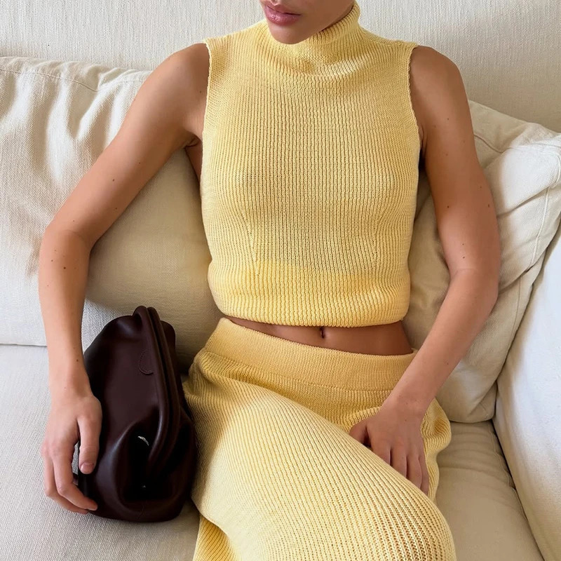 Tornova Elegant Knitted Dress Set Sleeveless Turtleneck Sleeveless Vest High Waist Skirt Female Slim Two Pieces Sets 250714
