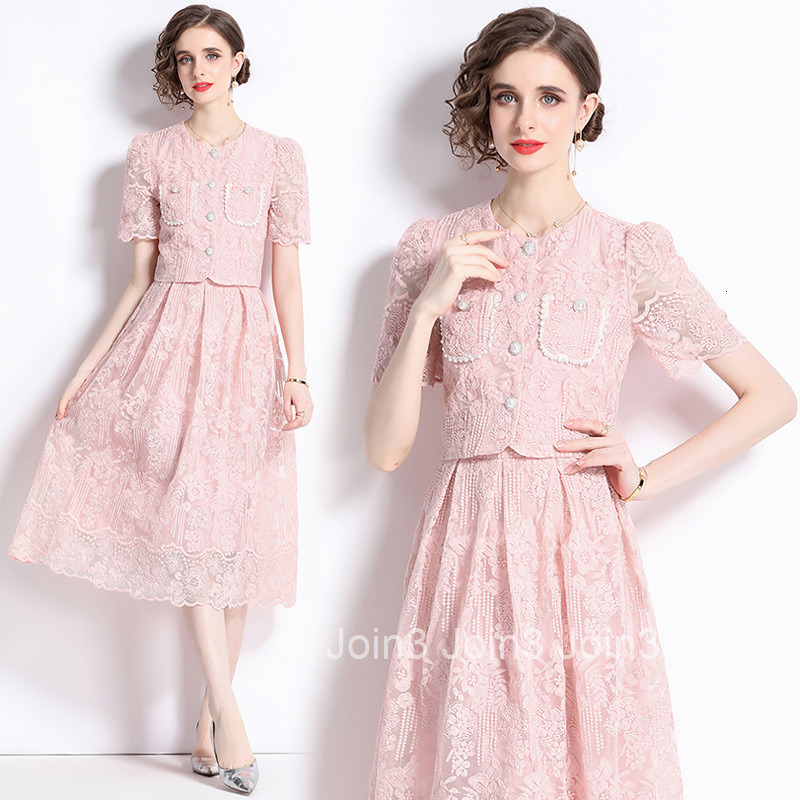 8562 Summer New Womens Fashionable Short Sleeve Set Water Soluble Lace Blouse + Skirt Two-Piece Set