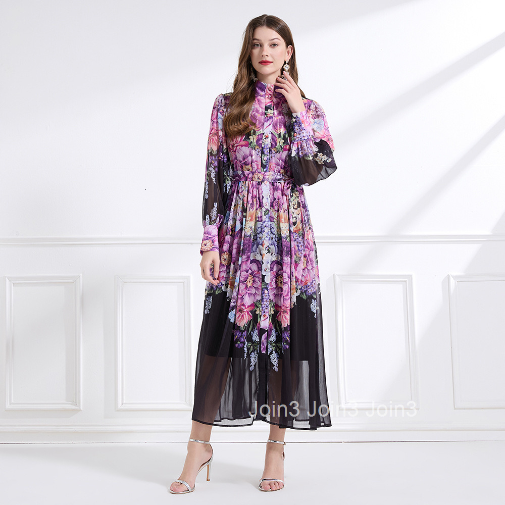 2187 Stand Collar New Womens Printed Lantern Sleeve Waist Cinching Flared Long Dress Two-Piece Set