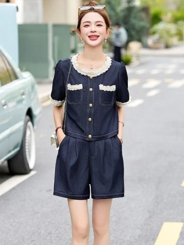 Wideleg Womens Short Sets 2 Pieces Denim Tailoring Offers in Matching Business Suit with Full Outfit Female Shorts 250717
