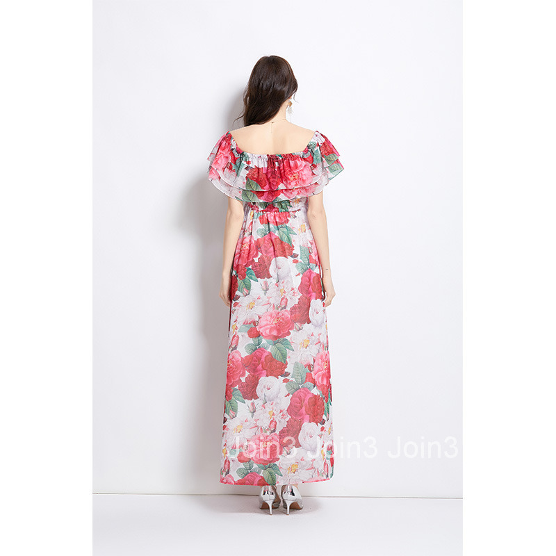 2695 Spring Summer New Ruffle Off-Shoulder Waist-Cinching Flared Beach Dress with Slit Chiffon Dress