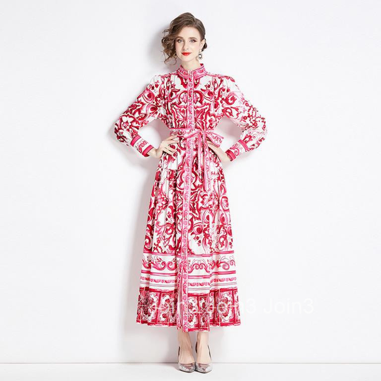 8740 Spring and Autumn New Womens Fashion Style Stand up Collar Single breasted Blue and White Porcelain Printed Long Dress