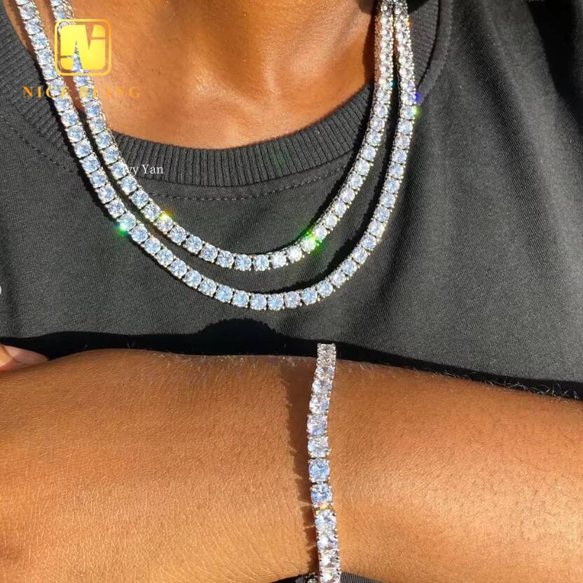 Hot Sale 5mm VVS Moissanite 925 Silver Pass Diamond Tester Hip Hop Jewelry Bracelet Necklace Iced Out Diamond Tennis Chain