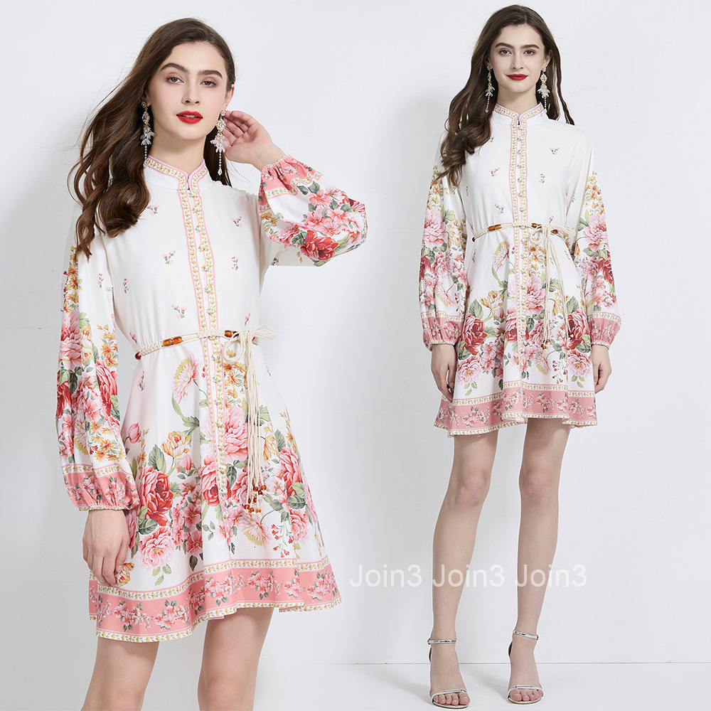 2106 Summer Autumn New Womens Clothing Stand Collar Vacation Style Lantern Sleeve Printed Waist-Cinching Short Dress