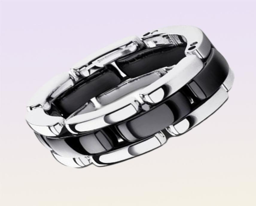 Cluster Rings Top Quality Double Row Black Ceramic Watch Chain Style Ring Stainless Steel Jewelry For Women5286807