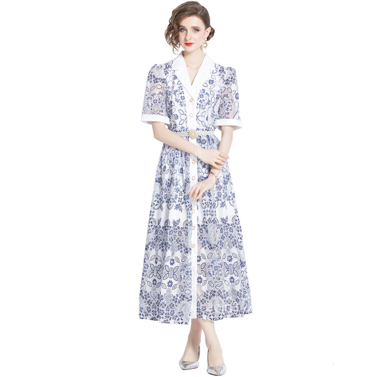 1644 Summer New Womens Casual Collar Single breasted Short sleeved Mesh Hollow Embroidered Dress