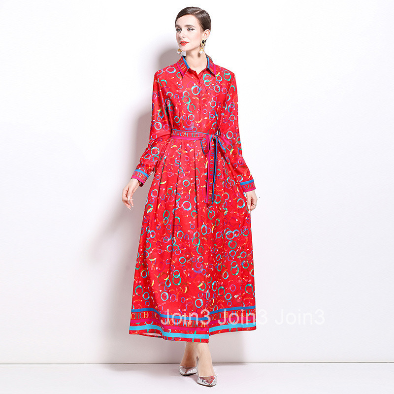 9892 autumn new womens clothing fashionable temperament waist cinching and slimming printed long sleeved long skirt dress