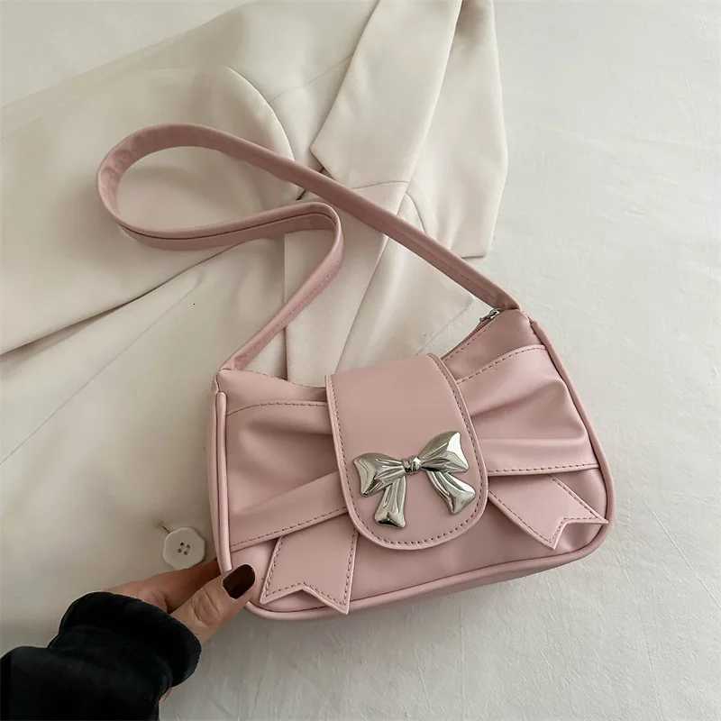 Sweet Bow Small Underarm Bag for Women Fashion PU Leather Ladies Portable Shoulder Bags Solid Color Female Clutch Handbags Y250719