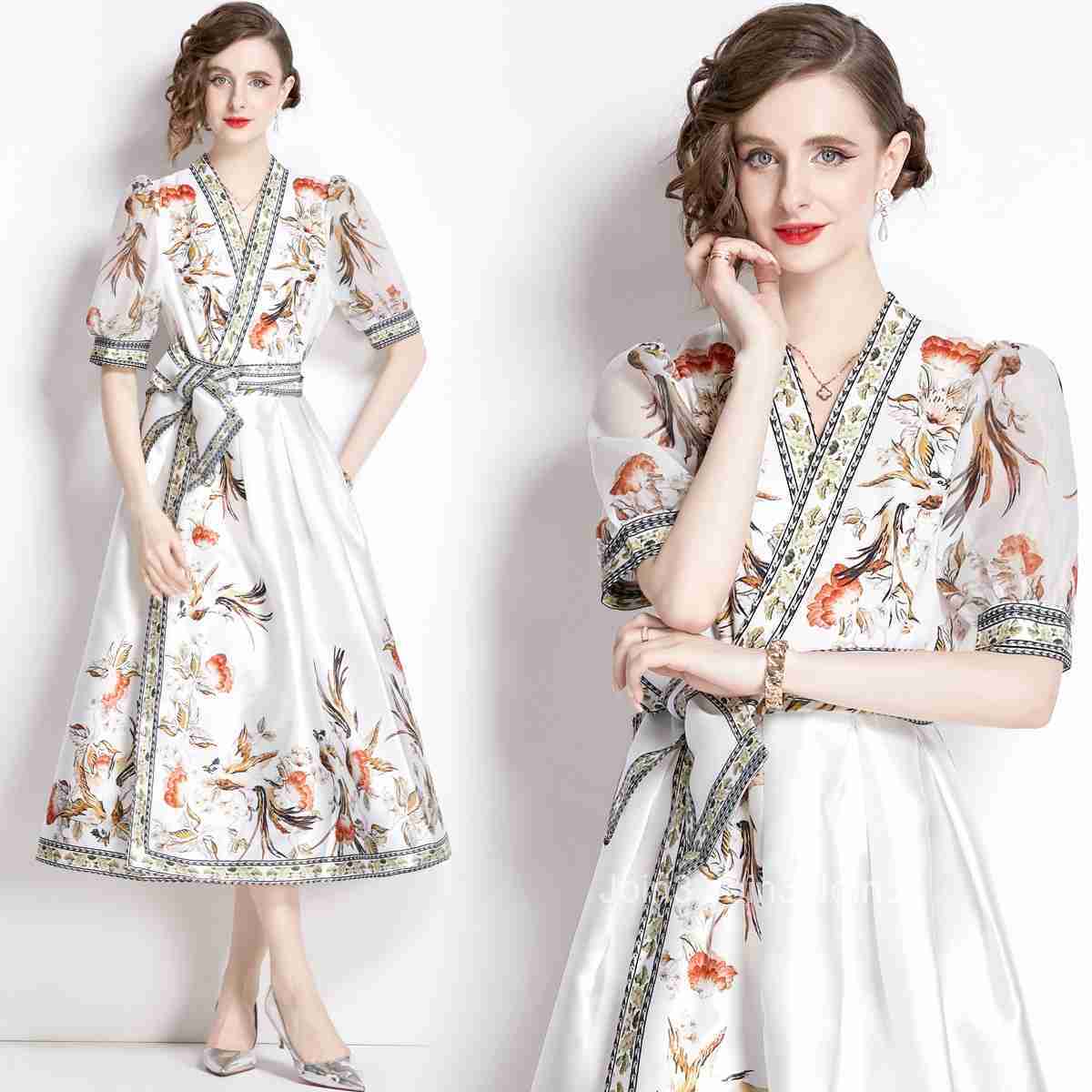 1651 Summer New Womens Elegance Style Printed Dress Waist up Dress V-neck Large Swing Long Dress