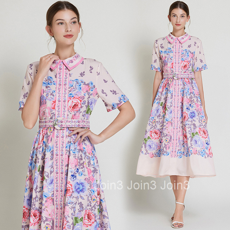 8527 Summer New Womens Fashion Elegant Printed Dress Slim Fit Slimming Turn-Down Collar Short Sleeve Mid-Length Dress