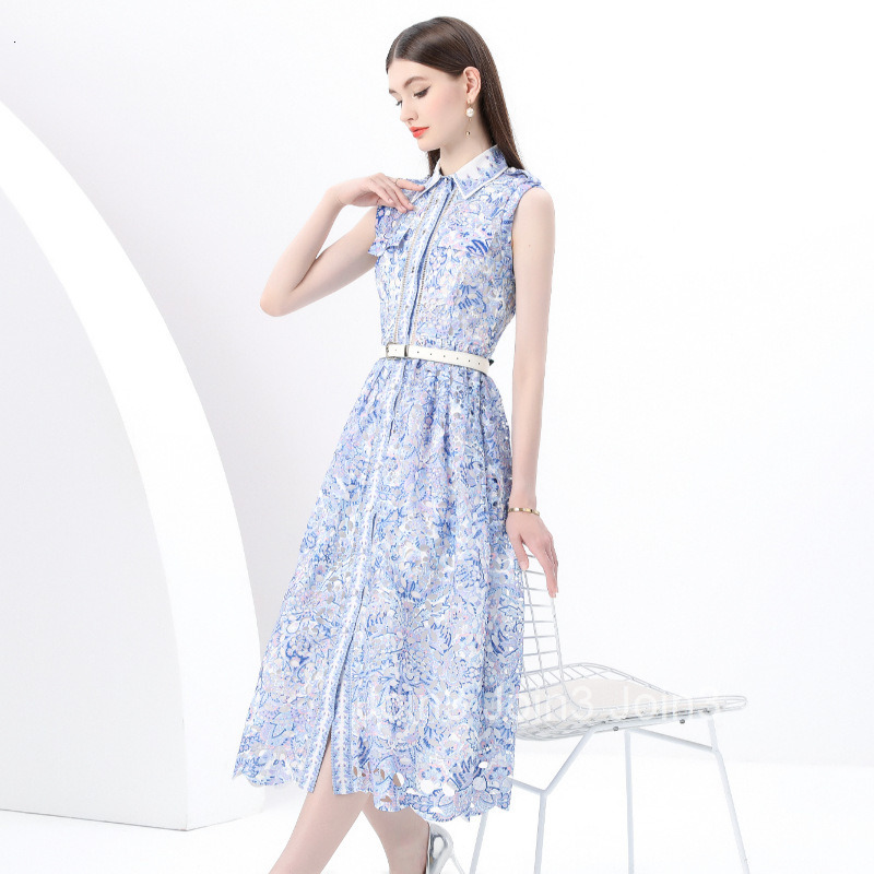 6196 Early Spring New Womens Fashion Elegant Lace Collar Waist-Cinching Sleeveless Long Dress Printed Dress