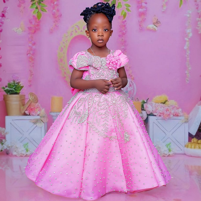 2025 Pink Flower Girl Dresses Children Birthday Dress Illusion Sheer Neck Flora Appliqued Beaded Lace Tiered Tulle Princess Queen Ball Gown For Marria