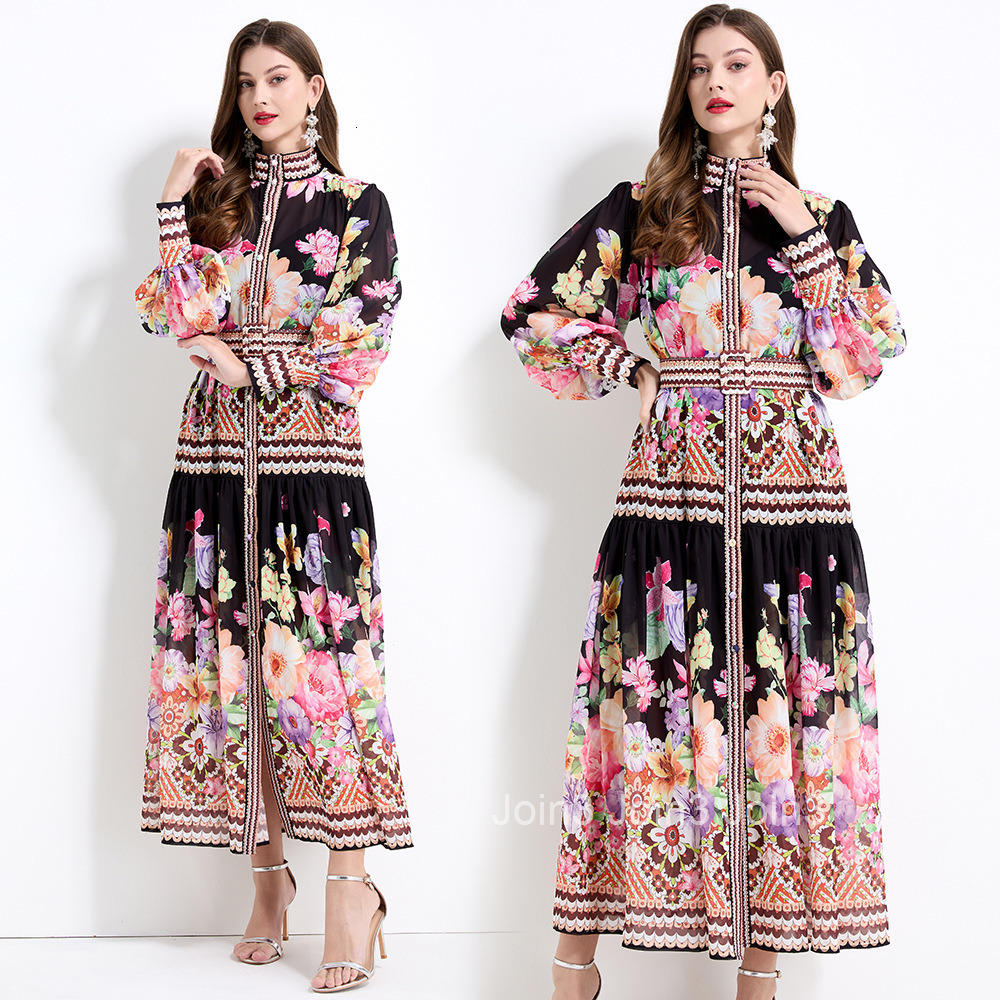 2165 Elegance style floral print long sleeved lotus leaf edge skirt chiffon two-piece set