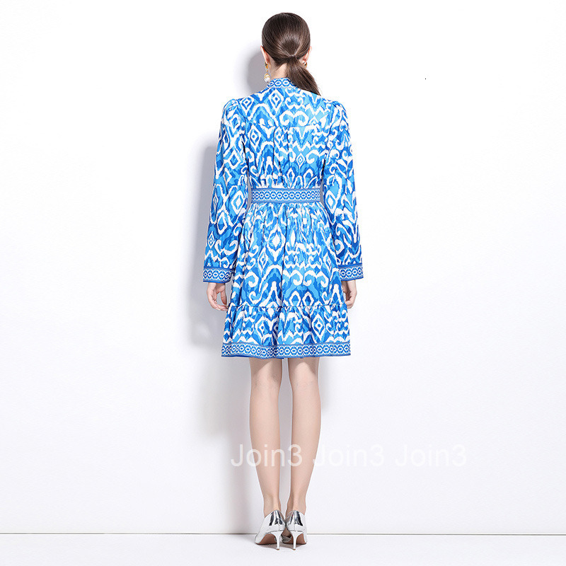 2091 Autumn New Womens Clothing Style Fashion V-neck Trumpet Sleeve Printed Mid Skirt Dress