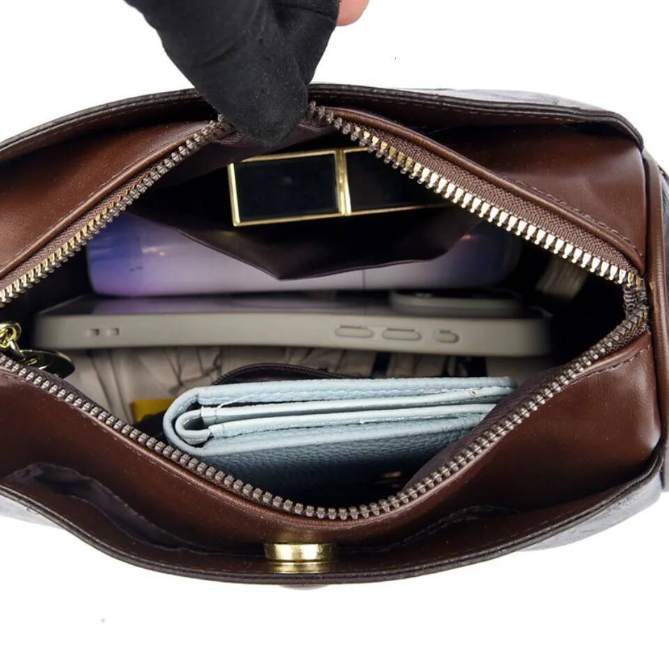 Three Layers Handbag Soft Leather Shoulder Crossbody Bags for Women Flower Print Ladies Messenger Bag with WIde Strap