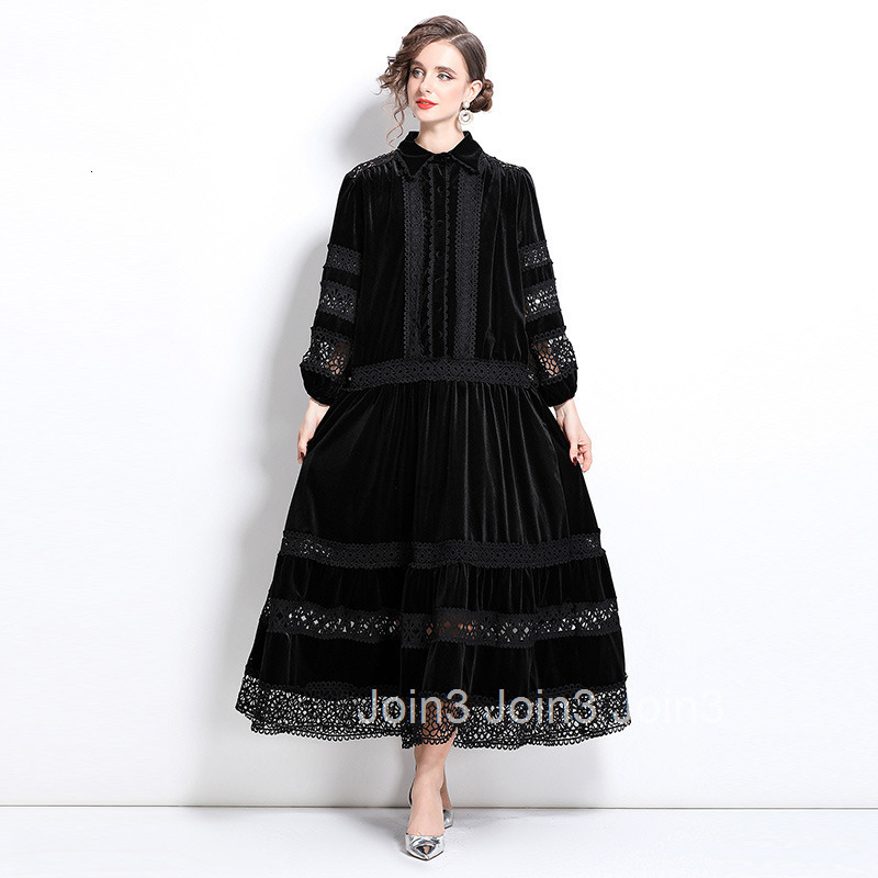 6578 autumn and winter new style lace hollow out temperament velvet long skirt dress
