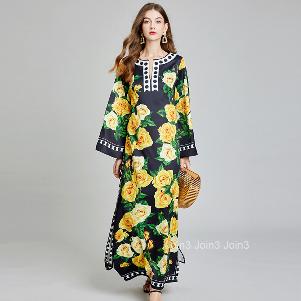 613 summer new womens printed polka dot round neck slit long sleeved dress loose long skirt