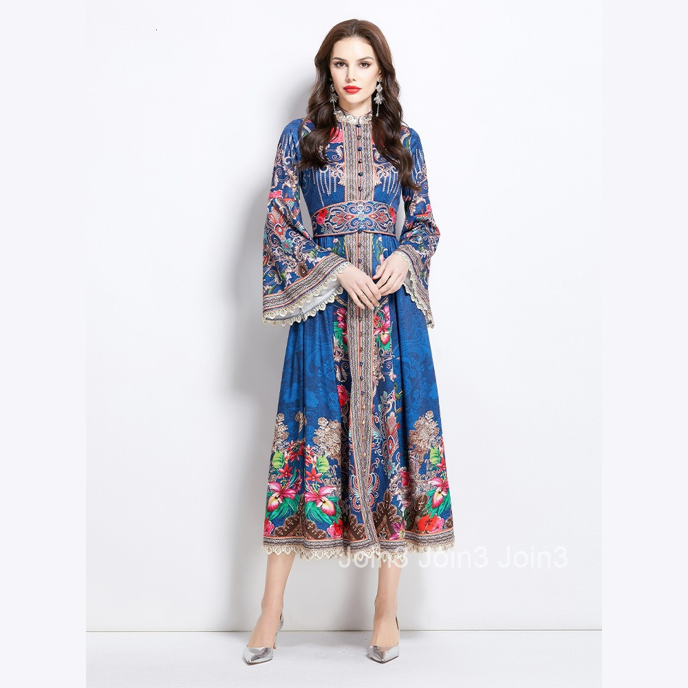 2649 Spring/Summer New Ethnic Style Pattern Stand up Collar Lace Splicing Long Dress