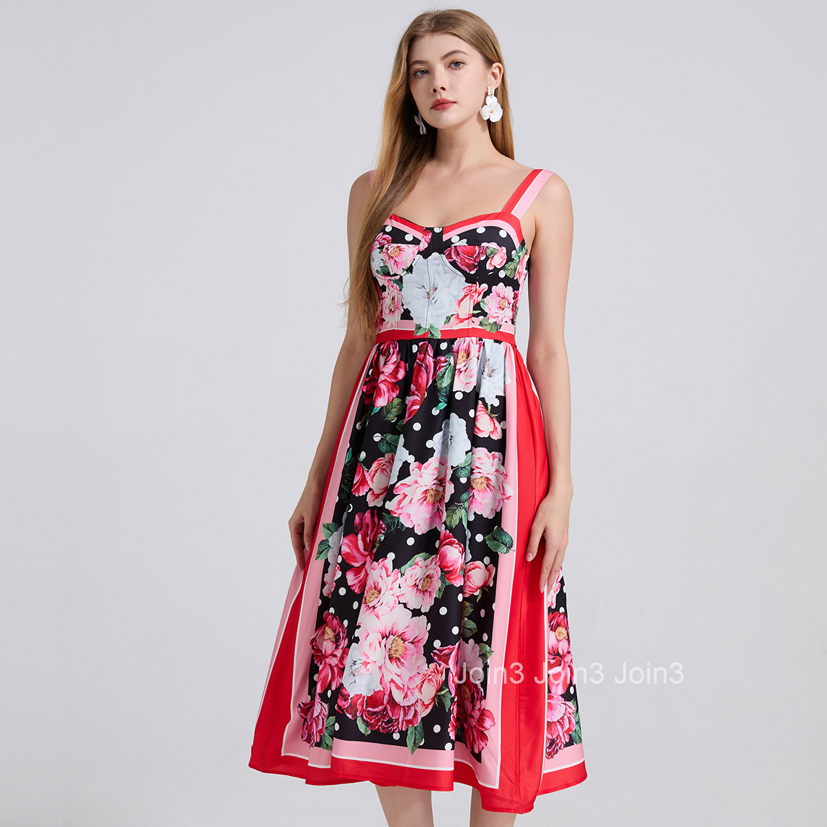 810 Flower Dot Positioning Print Three-Dimensional Strapless Camisole Dress Back Elastic High Waist Dress