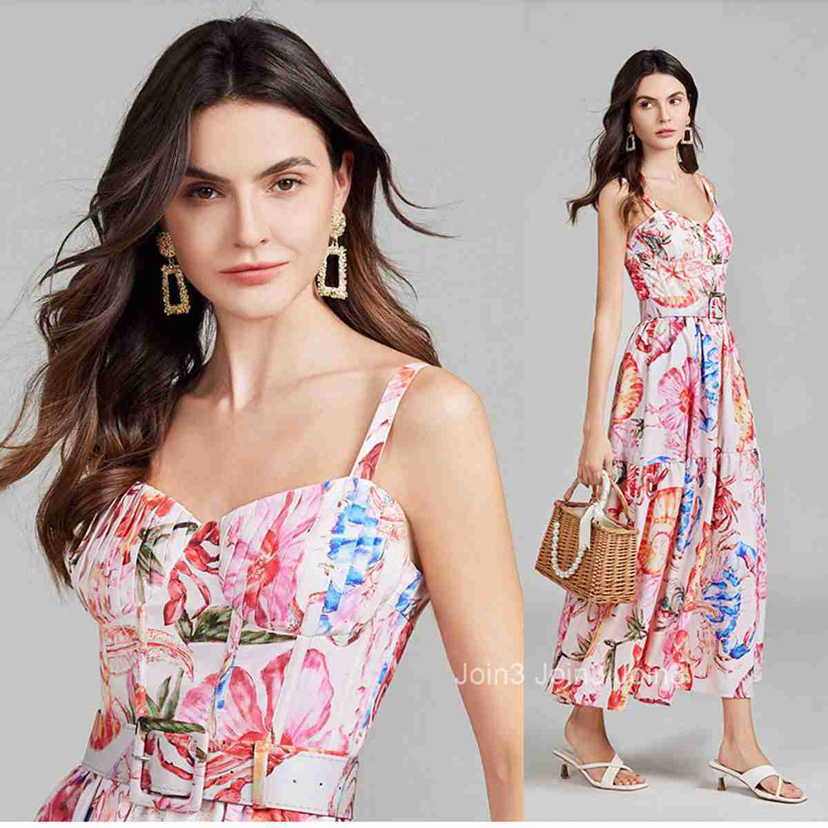 042 summer new womens printed sexy suspender long skirt dress with fishbone slim fit and belt