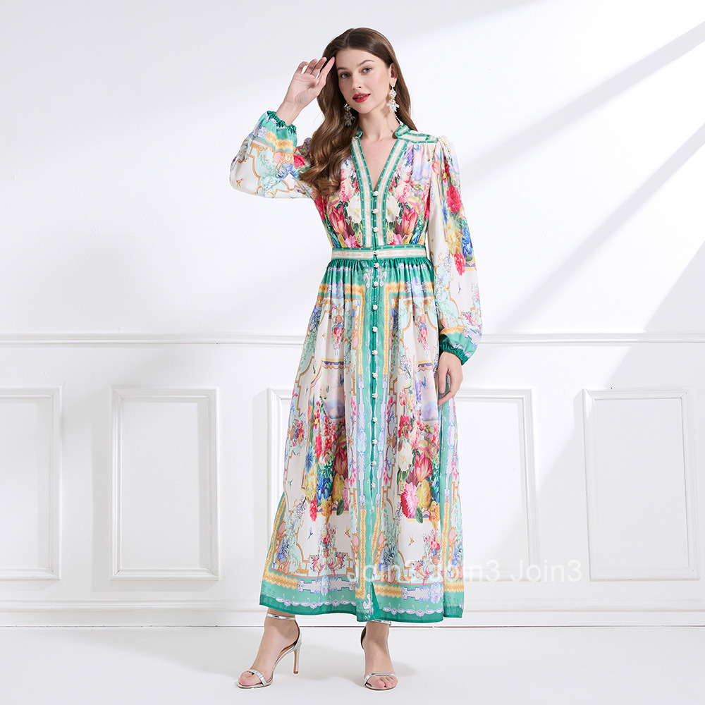 2190 Spring New Womens Fashion Elegant V-neck Single-breasted Printed Long Sleeve Waist-cinching Long Dress