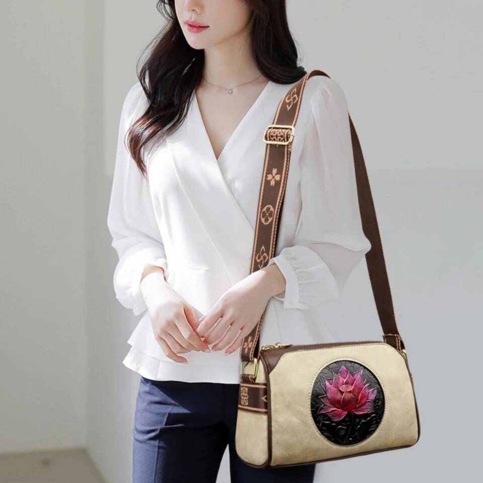 Three Layers Handbag Soft Leather Shoulder Crossbody Bags for Women Flower Print Ladies Messenger Bag with WIde Strap