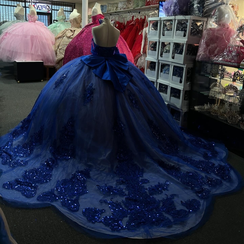 Royal Blue Shiny Quinceanera Dresses Ball Gown Off The Shoulder Applique Lace Beading Bow Tull Party Birthday Sweet 16 Dress Vestidos 15 anos