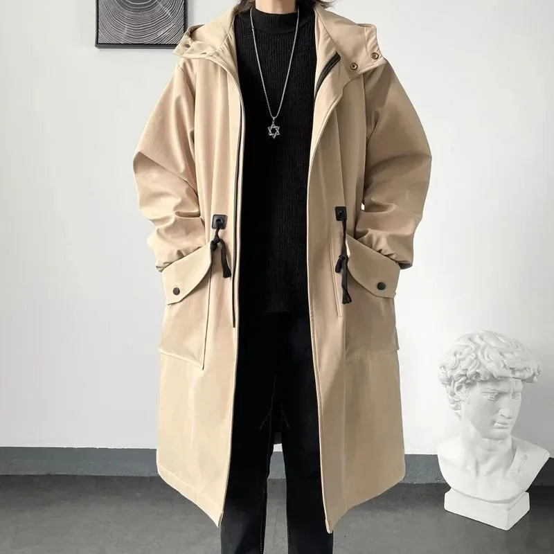2025 Spring Autumn Army Green Windbreaker Fashion Men Mid-length Casual Hooded Coat Men Daily High Street Overcoat Male Clothes 250716