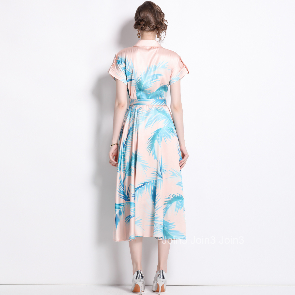 1661 Summer New Womens Printed Turn-Down Collar Short Sleeve Slim Long Dress with Belt